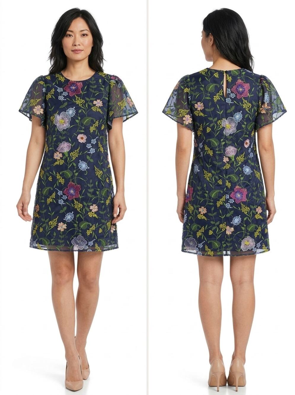 Crown & Ivy Navy Blue Floral Embroidered Short Sleeve Dress Women Size S